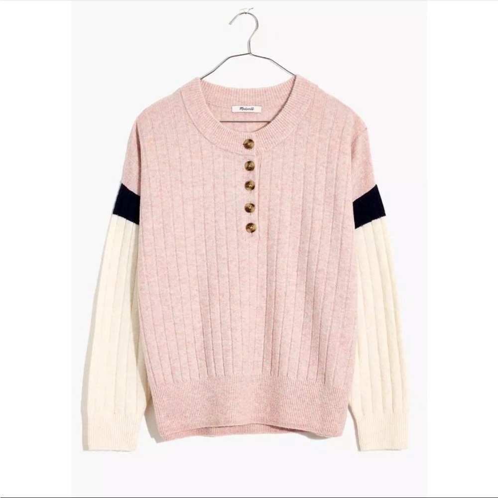 New Madewell Oversized Striped Bowden Henley Sweater in Coziest Yarn Pink